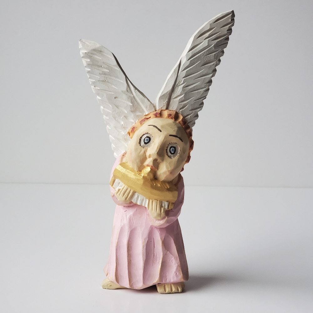 Polish Folk Art Hand-Carved Wooden Angel Figurine Playing a Lute